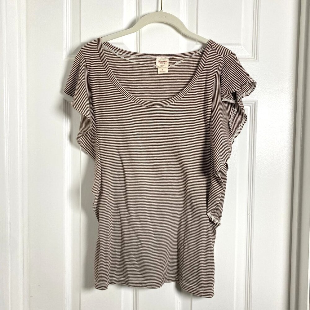 Vintage Mossimo Brown Stripe Scoop Neck Tee Sleeve Ruffles Size Small Preowned